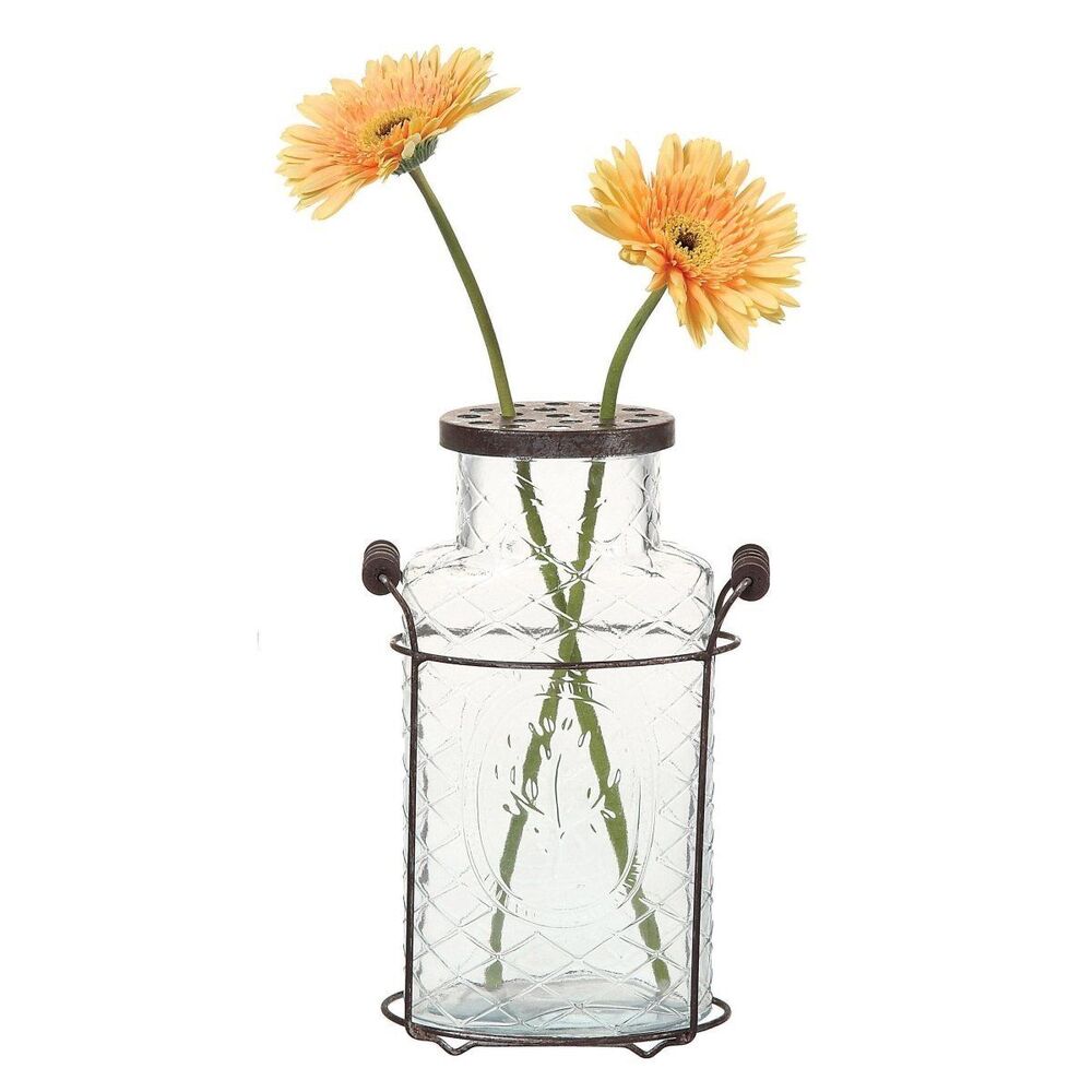 Floral Glass Vase with Metal Frog Lid & Stand